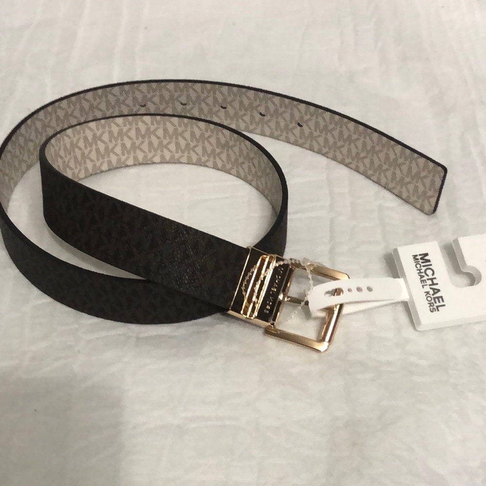 Michael Kors Reversible Logo Print Belt in Brown and Beige with Gold Buckle